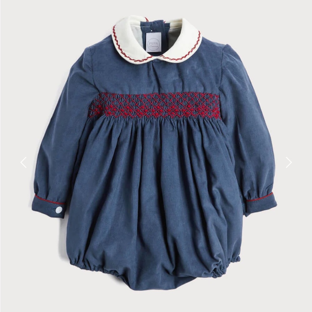 Pepa London Handsmocked Peter Pan Collar Romper in Blue - 18 months